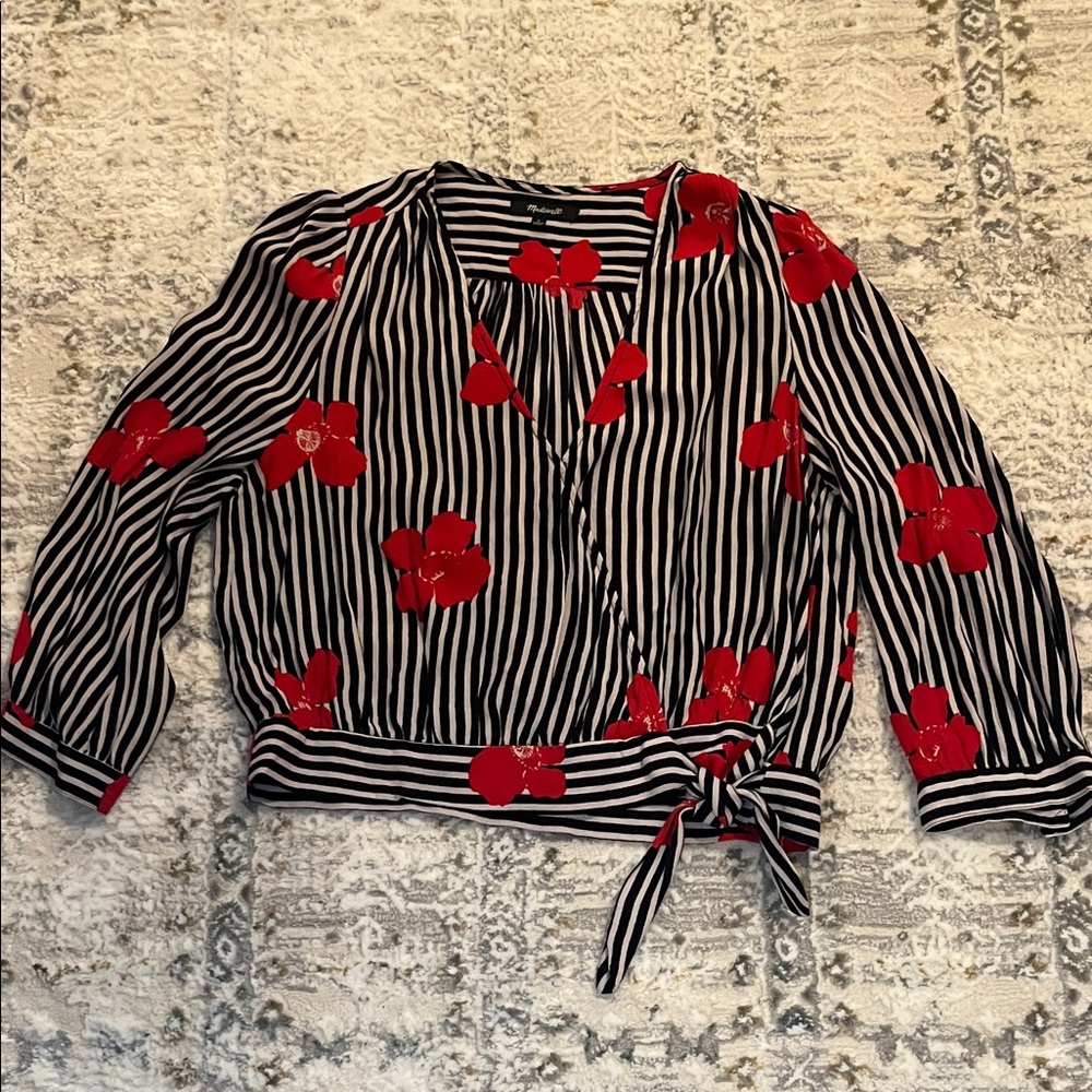 Madewell Black and White Striped Blouse with Red Floral Design